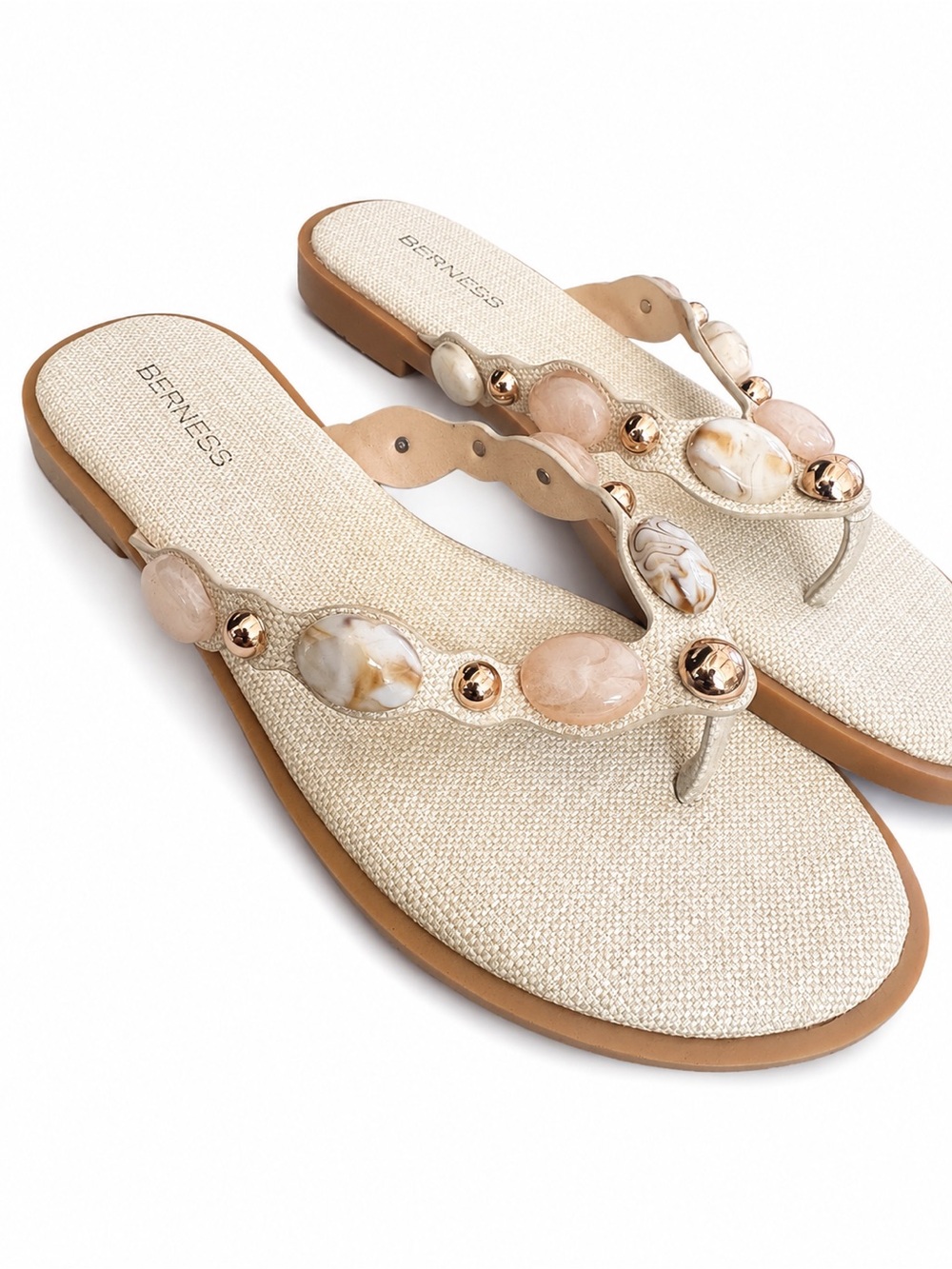 Berness Phila Cream Thong Flip Flop Sandals with Gemstone and gold  stud Accents